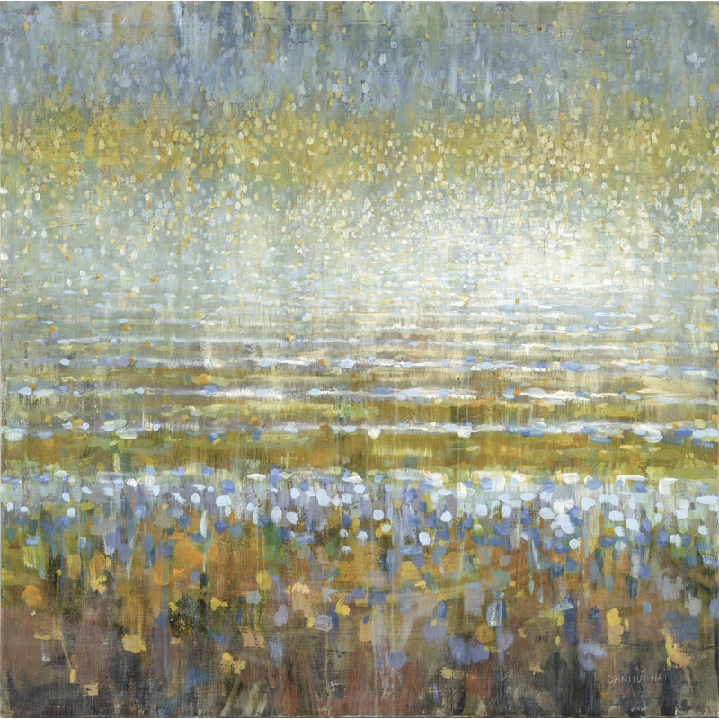 Abstact Rains Over A Lake Meadow, coloré, doré, jaune, rouge, bleu, orange, H 24 po x l 36 po x P 1,5 po