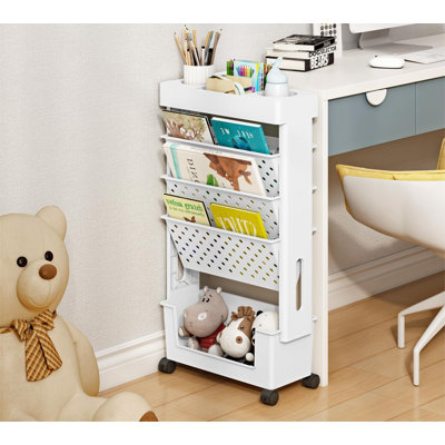 5-Tier Mobile Bookshelf, Rolling Bookcase Book Storage Rack, Movable File Folder Organizer Cart With Wheels For Home Study Office Living Room Classroom, (White)