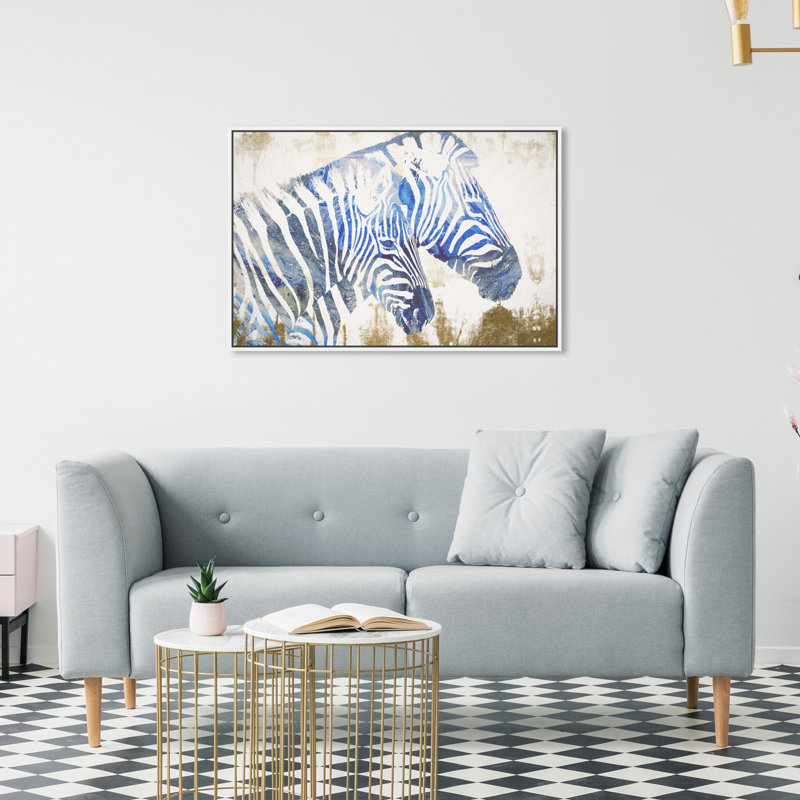Indigo Stripes, Jungle Paint Stripes Rustic Blue - Peinture sur toile pour le salon, Cadre en bois blanc, H 21 po x l 31 po