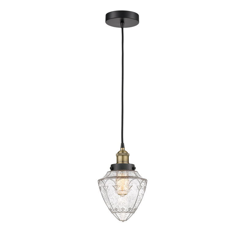 Luminaire suspendu simple en forme d'urne à 1 lumière Lakashia, H 11,75 po x l 7 po x P 7 po, Bullé, Laiton antique noir