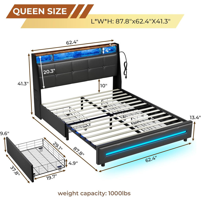 LED Upholstered Platform Bed Frame with 4 Storage Drawers and Storage Headboard, Queen, Black PU