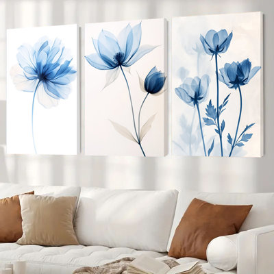 Impression sur toile abstraite à motif de fleurs transparentes bleu clair 3 pièces pour Cozy Home