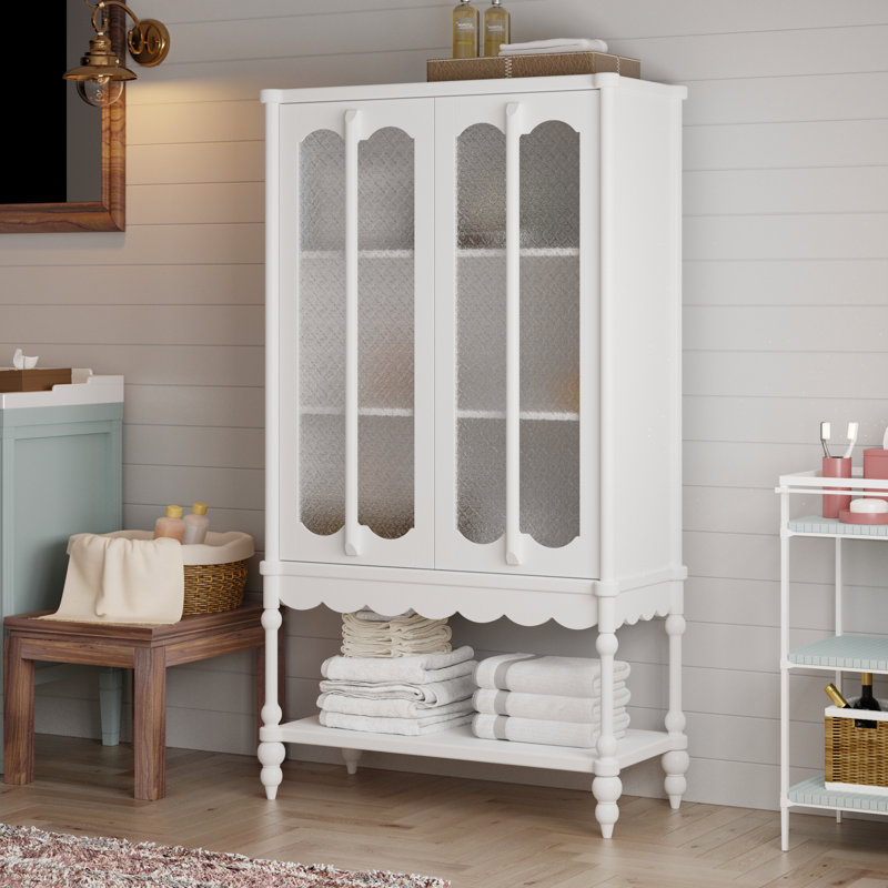 Bathroom Linen Cabinet With Begonia-Style Tempered Glass Doors And Rubber Solid Wood Legs