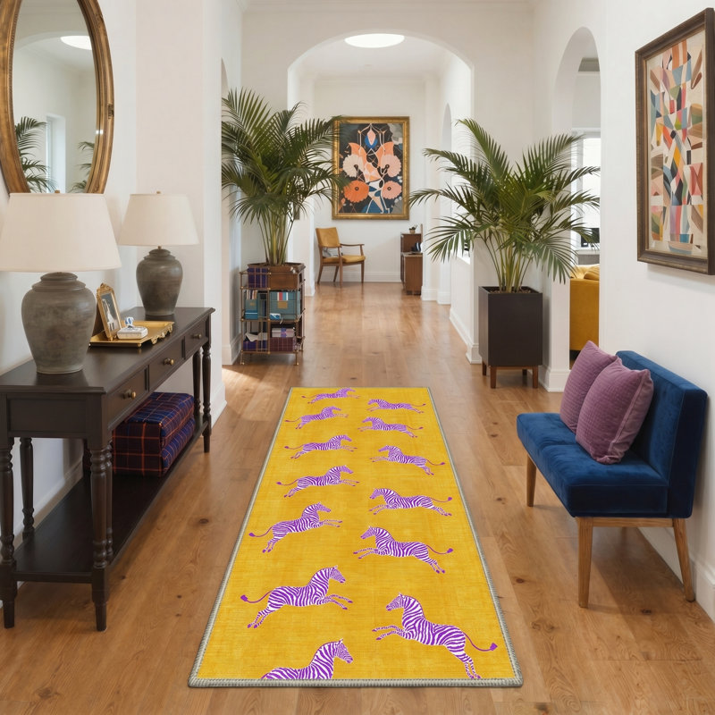 Aldovin Zebralume Animal Print Machine Washable Purple / Yellow Indoor Area Rug with Non-Slip Backing, Runner 2' x 7'