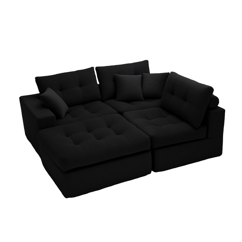 Canapé modulaire de 113 po en velours côtelé 113 po avec 3 coussins décoratifs sans assemblage requis, Noir