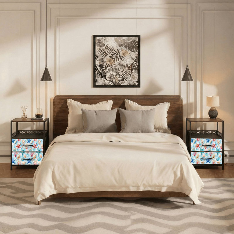 Table de chevet 2 tiroirs en tissu avec station de charge Nautical Starfish Seashells
