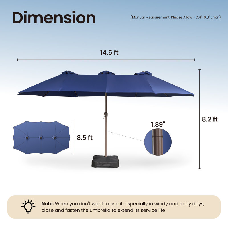 Parasol de marché rectangulaire à double face avec base Emanuell 14,5 pi X 8,3 pi, Marine
