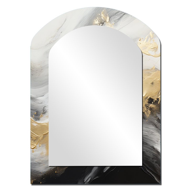 Gold And Black Soft Wave Fusion III - Abstract Shapes Asymmetrical Mirror, Beige Arch Unique Wall Mirror, Printed Metal Art