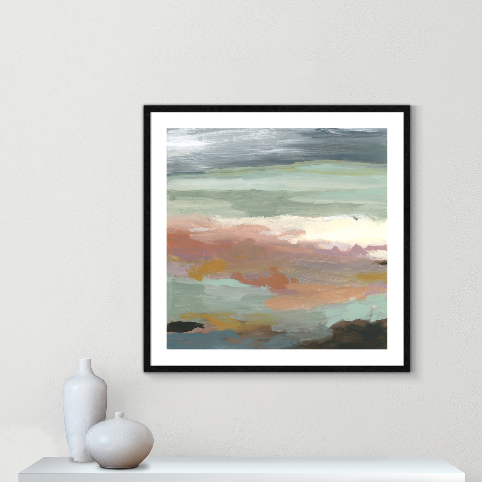 Bingham "Ocean Bluffs" Painting by Carol Robinson, Picture Framed Paper, 33.25" H x 33.25" W, Black Wood