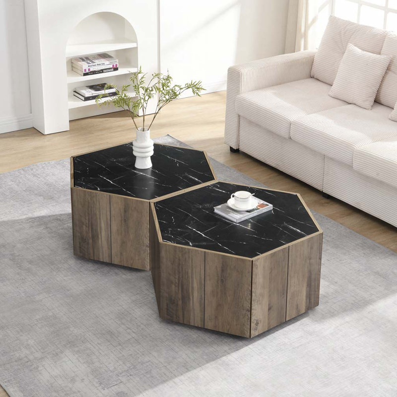 Table basse hexagonale rustique en bois rétro avec 2 tiroirs cachés, Noir, Marron clair