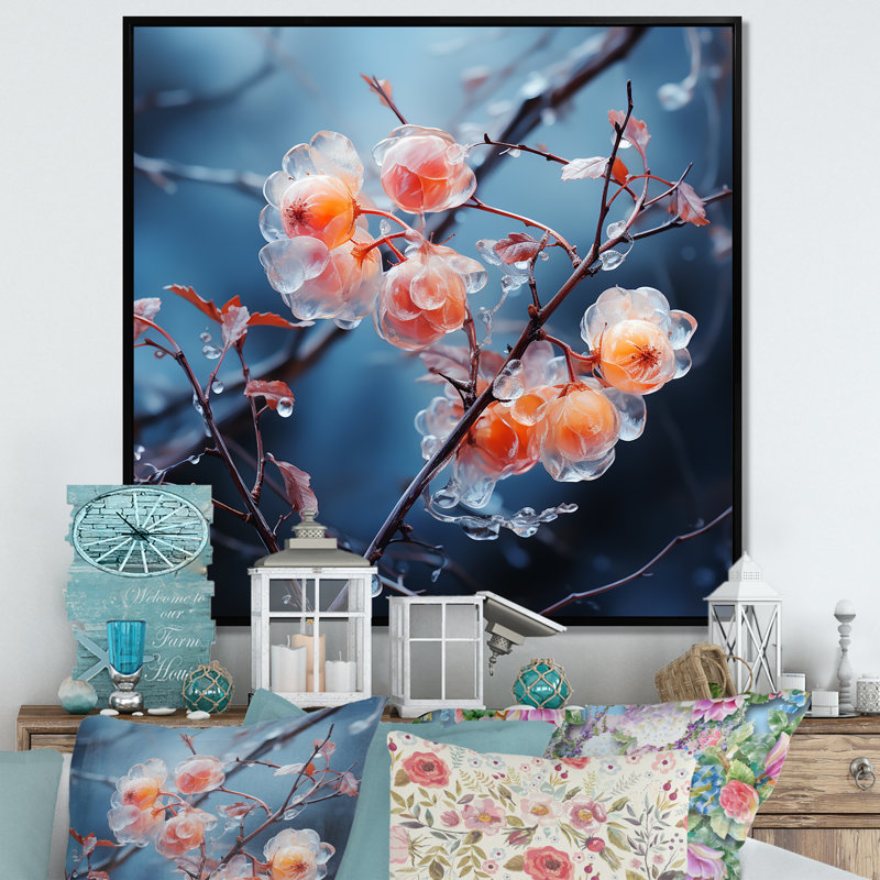 «Pink Frost Winter Blueberry Elegance I», art mural paysage d'hiver, Cadre flottant noir, 16" H x 16" W