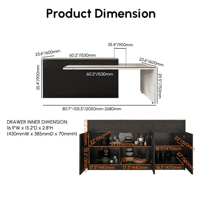 Îlot de cuisine de 81 à 106 po avec plateau en bois manufacturé - Armoire de rangement réglable pour les cuisines de style campagne moderne et à aire ouverte