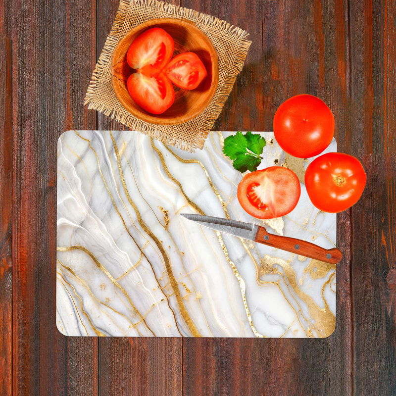 White and Gold Marble Pattern Print Glass Cutting Board Ideal for Chopping and Cheese Serving, 11" x 15"