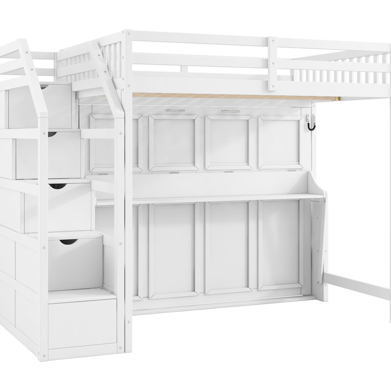 Lit mezzanine double TG avec escalier de rangement, lit pliable, éclairage à DEL et petit dortoir pour économiser de l'espace