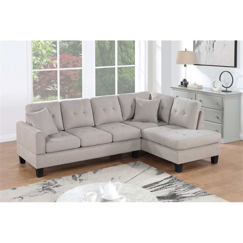 Living Room Furniture 2-PCS Sectional Sofa Set LAF Sofa And RAF Chaise Mushroom Color Tweeted-Like Velvet Tufted Couch Nailheads