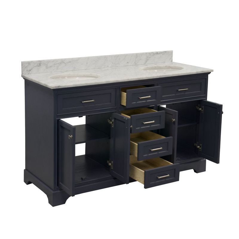 Ensemble de meuble-lavabo double 60 po Ronnie, Gris marine, Marbre de Carrare