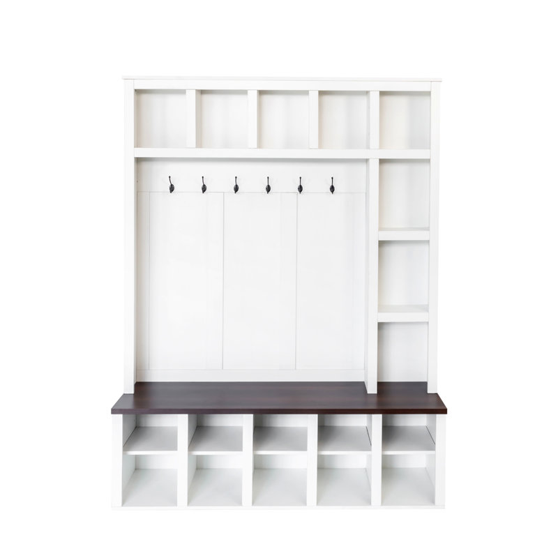Farmhouse Wooden Style Hall Tree With 6 Hooks, Practical Walnut Storage Bench With Adjustable Shelves,  4-In-1 Entryway Shoe Cabinet With 13 Cubbies
