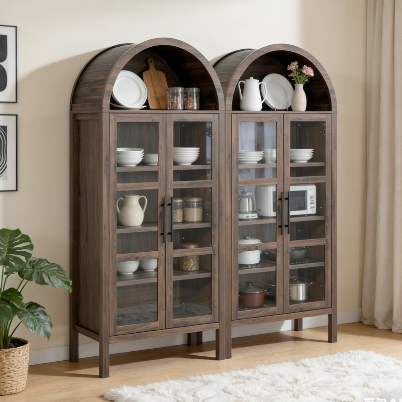 Set Of 2 Rustic Arched Cabinet Display Cabinet, Wood Kitchen Pantry Cupboard, 2 Arched Glass Doors,  With Storage And Adjustable Shelves For Dining Room, Living Room