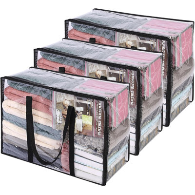 Ensemble de 3 sacs de rangement pour vêtements transparents, sac de rangement pour couverture en plastique de 40 L avec fermeture à glissière, organisateur de garde-robe pliable, sacs de transport pour édredon, couverture, literie, couette, jouets