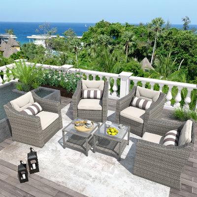 Outdoor Patio Furniture Set, 6 Piece Patio Conversation Set Outdoor Furniture Set, 4 Rattan Lounge Chair With 2 Coffee Table & Cushions For Garden, Patio, Balcony, Deck(Gray)