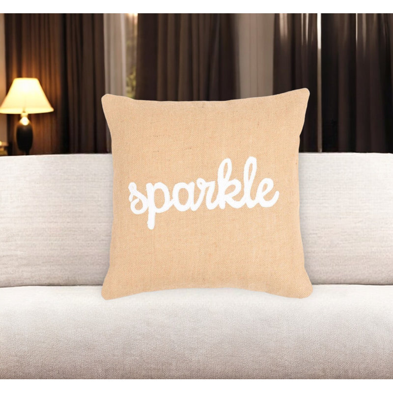 Housse de coussin en jute beige et blanc 16 po avec broderie