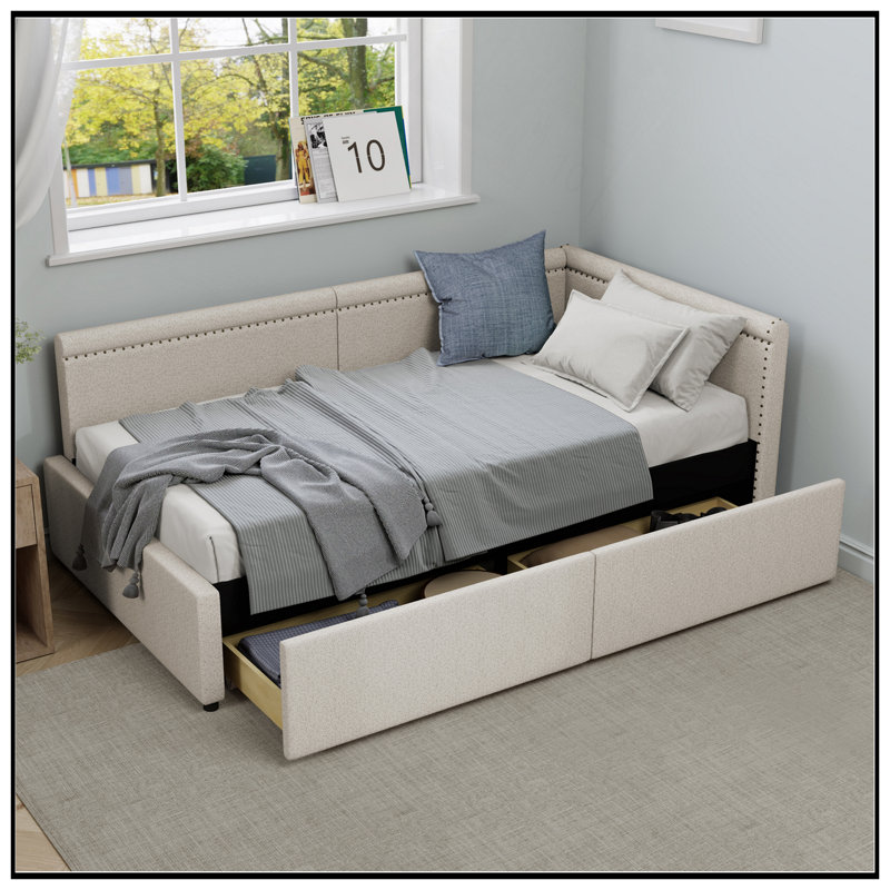 Modern Style Twin Size L Shape Corner Bed, Linen Upholstered Daybed With Two Storage Drawers For Space Efficiency, Beige