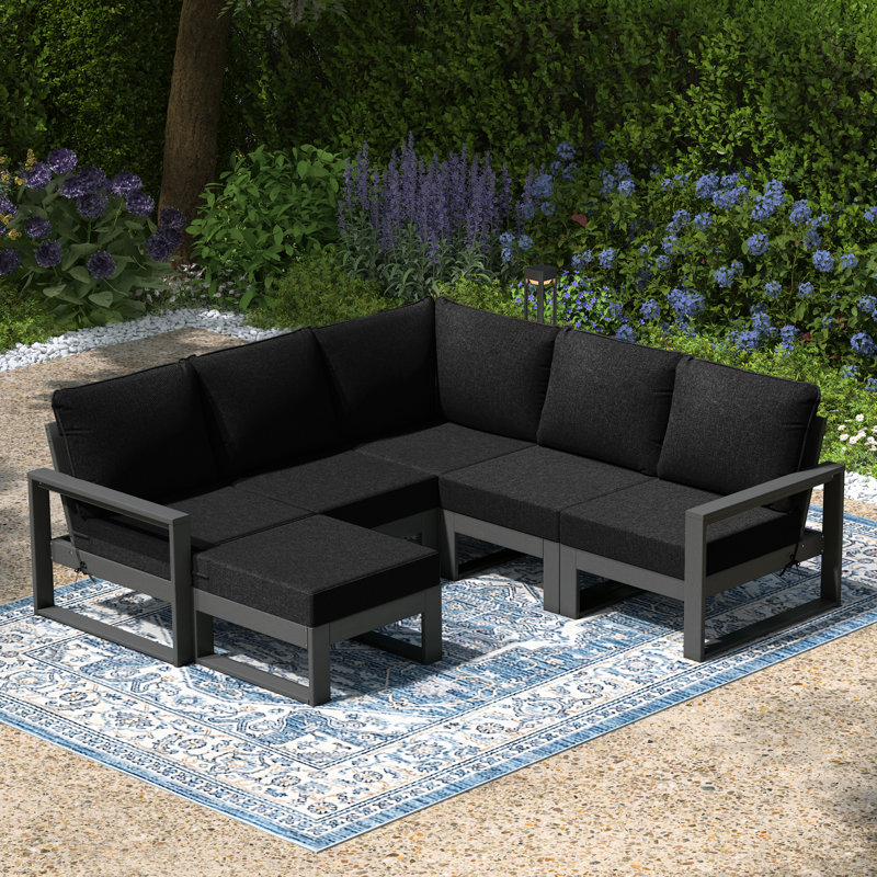 Patio 6-Piece Deep Seating Set With Ottoman With Frame, Black, Gray