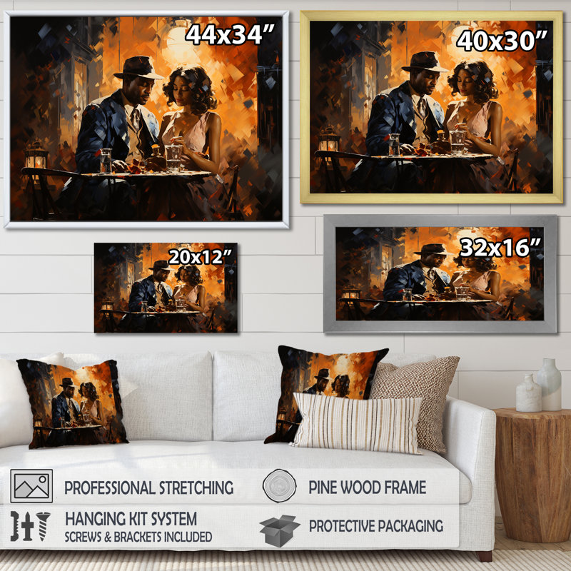 Harlem Renaissance Rendez-vous romantique - art mural Harlem Renaissance, Cadre flottant doré, 12" H x 20" W