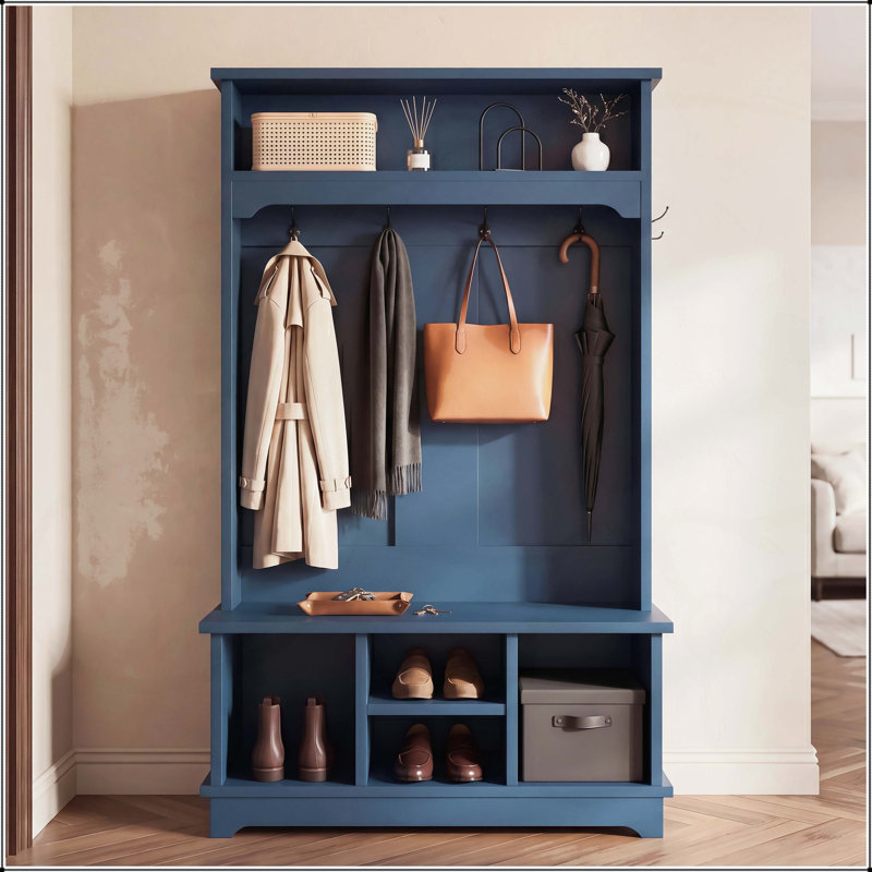 Arbre d'entrée 3-en-1 avec portemanteau, rangement pour chaussures et banc assis, Blue