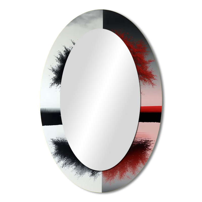 Red And Black Abstract Trees By The Lake - Yellow Traditional Oval Wall Mirror, 36" x 24"