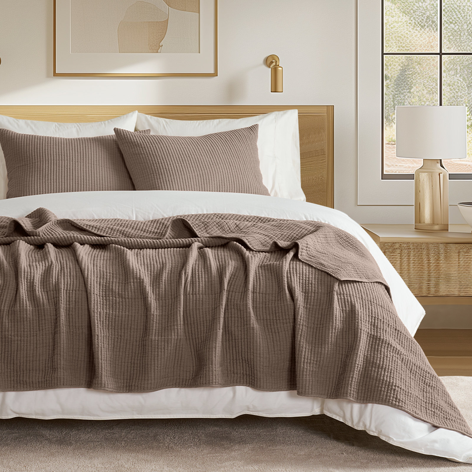 Ribbed Matelassé Cotton Coverlet Set, King Quilt + 2 King Shams, Mocha Brown