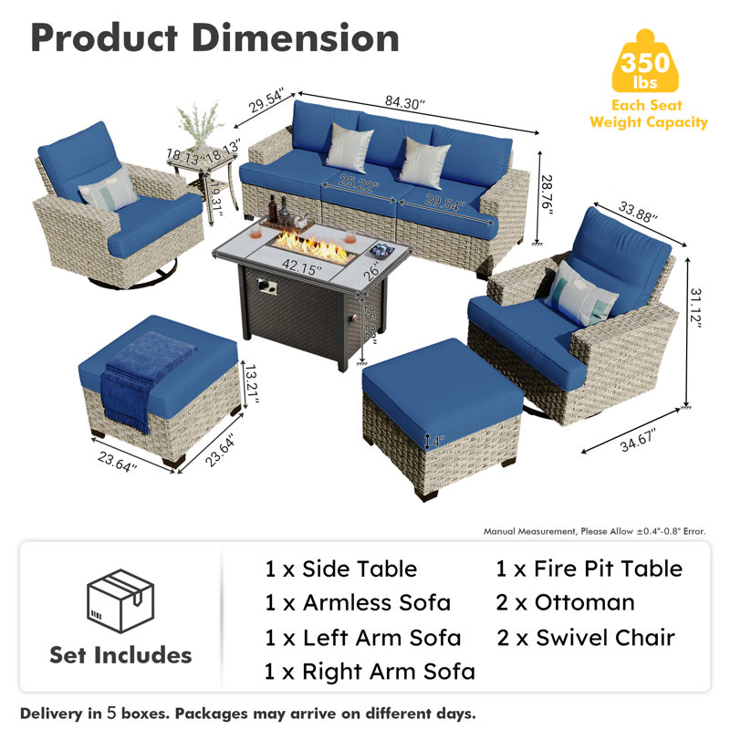 Ensemble de conversation en osier pour 5 personnes avec coussins et repose-pieds Dzion, Bleu marine