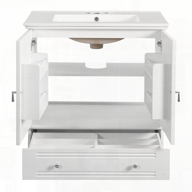 Solid Wood Bathroom Vanity with Ceramic Sink Shelf Divider, White