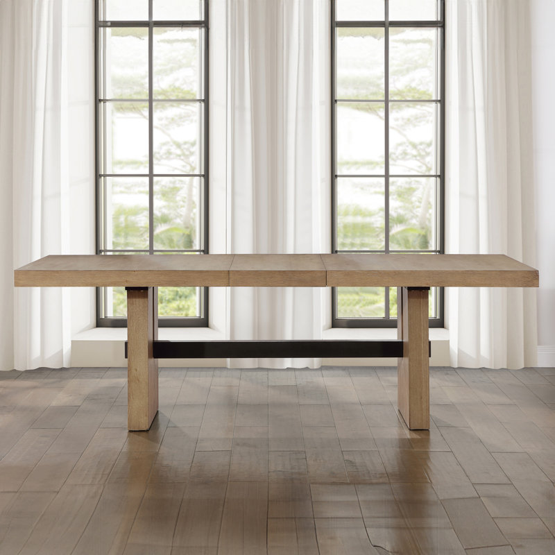 Rickye 78-96" Extendable Oak Trestle Wood Dining Table, Brown Top/Brown/Black Base