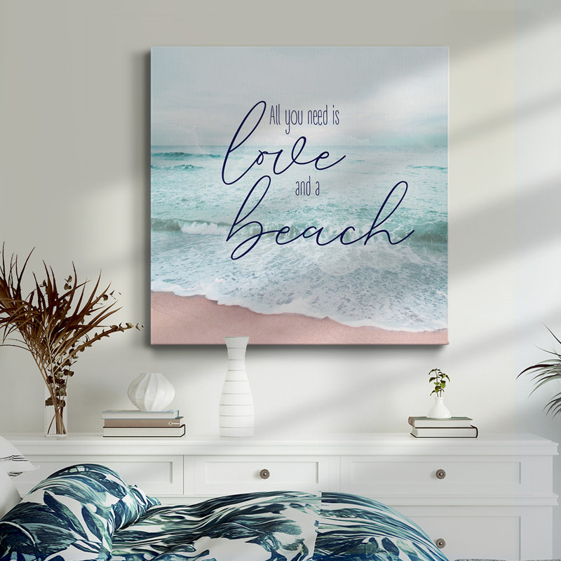 «Love And A Beach» - Toile tendue avec châssis de qualité supérieure - prête à être accrochée