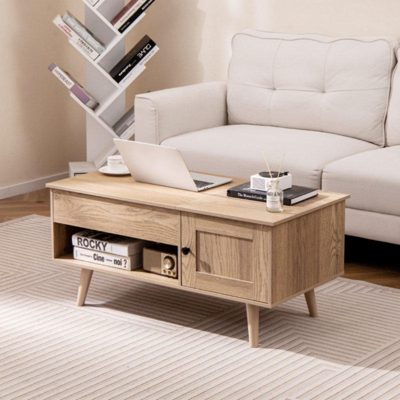 Table basse à plateau relevable avec rangement et compartiment caché, Naturel