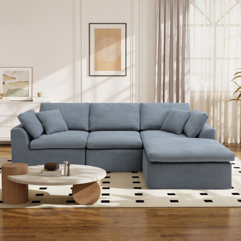 Boneless Comfy L Shaped Sectional Modular Cloud Sofa with Ottoman, Oversized Compression Deep Seat Couch, 3 Seater Living Room Set