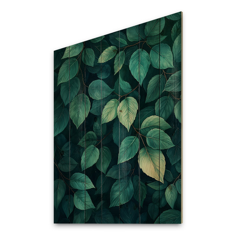 Emerald Green Leaves Lush Layers III - Leaves Wood Wall Art - On Natural Pine Wood, 44" H x 34" W x 0.78" D
