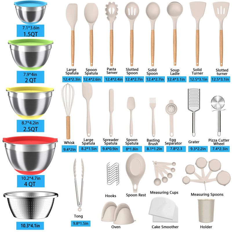 23 pièces de batterie de cuisine en silicone, ensemble de cuisine, batterie de cuisine antiadhésive sans BPA, 4 bols et passoire en acier inoxydable