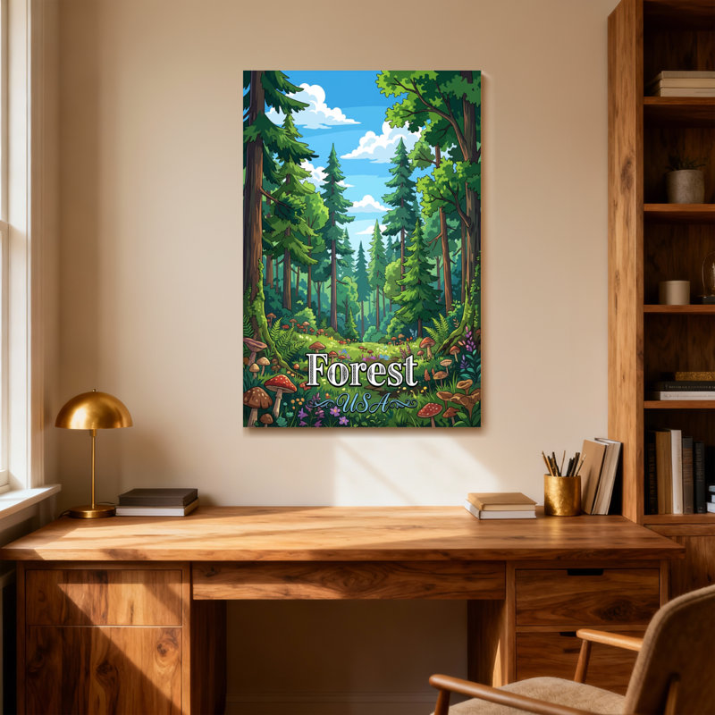 Scène de forêt avec arbres, champignons et fleurs, H 36 po x l 24 po