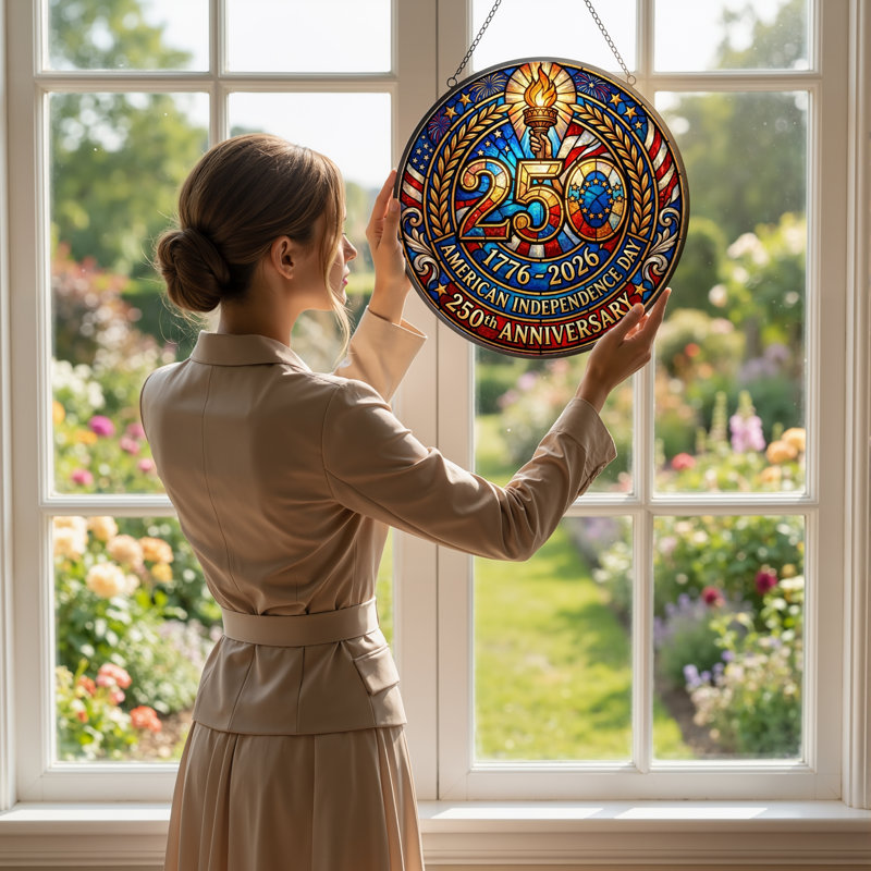 American Independence USA 250th Anniversary Merchandise Glass Window Panel for Home  Decor，7.8H, 7.8"H