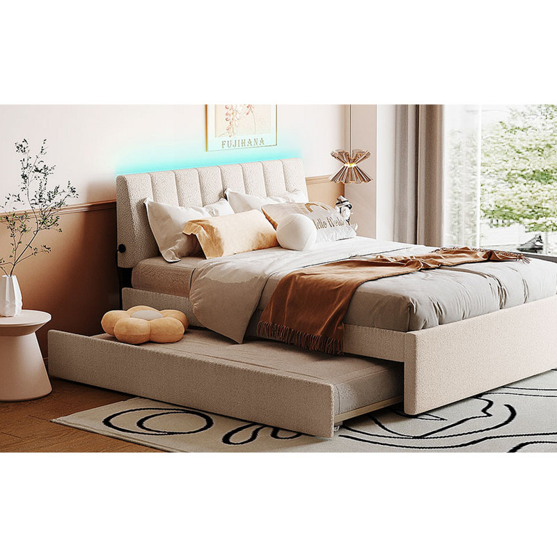 Lit plateforme tapissier Teddy, Beige, Double