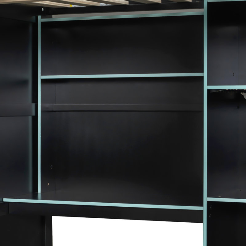 Lit mezzanine double en bois avec bureau, garde-robe ouverte, compartiments de rangement et lumières RVB, bleu nuage, Bleu
