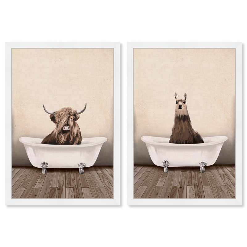 Rustic Bathroom - ensemble de 2 impressions, H 17 po x l 24 po, Papier blanc avec cadre
