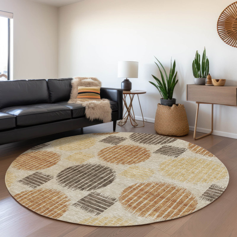 Premium Machine Washable Prisco Tan Rug, Round 8'