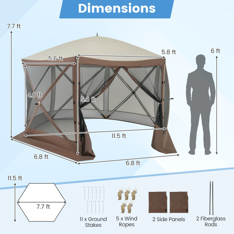Pop-up Gazebo 6-sided Instant Setup Screen House Hub Tent with Mesh Netting Walls