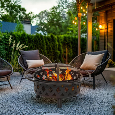 Petit foyer d'extérieur en acier DIDADI à tissage croisé 30 po, à bois, rond, bronze, foyer d'extérieur avec pare-étincelles, tisonnier et couvercle, foyer en bois pour l'extérieur, la cour ou la terrasse
