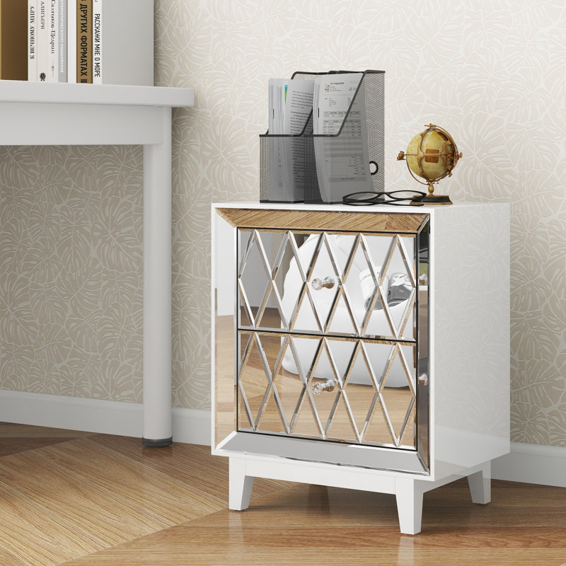 Table de chevet miroir 2 tiroirs Yolanta, Blanc