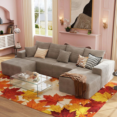135" Cloud Sectional Couch with U-Shaped Chaise, Corduroy Sectional Sofa with Ottoman, Boneless Couch with Deep Seat in a Box for Living Room, No Assembly Required