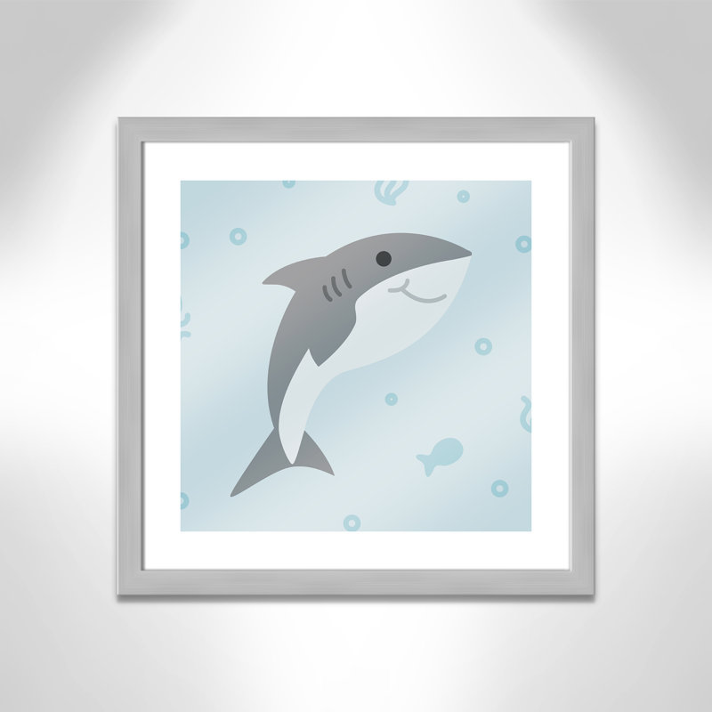 «Happy Shark», impression sur papier, H 8 po x l 8 po x P 0,6 po, Encadré plat argent